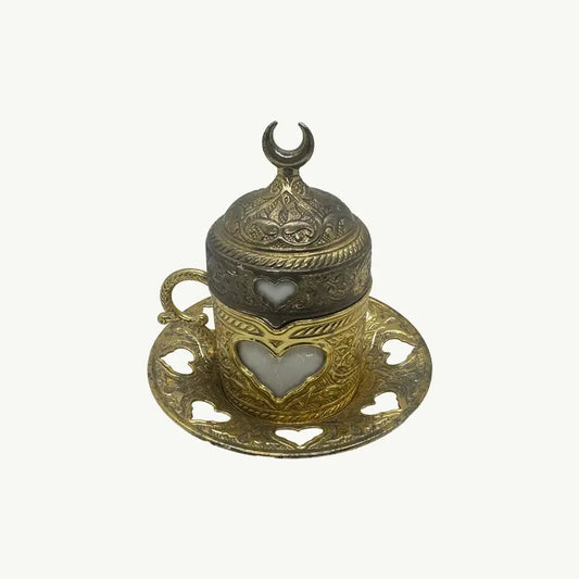 "SMALL CEREMIC CUP WITH GOLDEN PLATE AND COVER Regal Crescent” Ceramic Cup with Brass Cover Set"