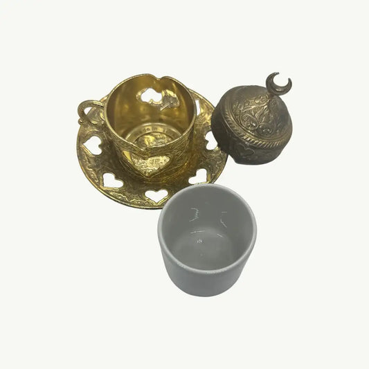 "SMALL CEREMIC CUP WITH GOLDEN PLATE AND COVER Regal Crescent” Ceramic Cup with Brass Cover Set"