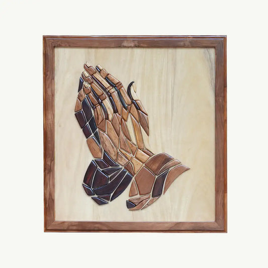 Hand-Inlaid Praying Hands of Jesus Wood Plaque
