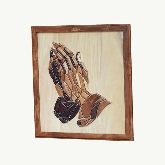 Hand-Inlaid Praying Hands of Jesus Wood Plaque