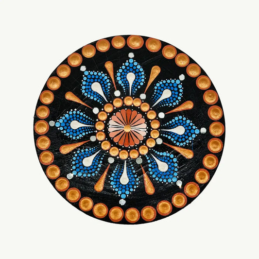 The Sapphire Sunburst: Handcrafted Cerulean Dot-Painted Mandala Plaque