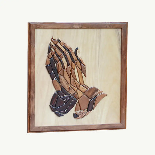 Hand-Inlaid Praying Hands of Jesus Wood Plaque