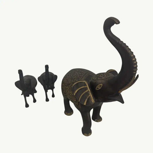 "BRASS ELEPHANT WITH TWO SMALL ELEPHANT The Golden Fortune Elephant Trio"