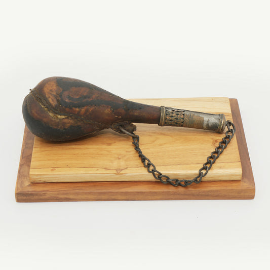 Vintage Middle Eastern Leather Powder Flask with Wooden Base | Handcrafted with Metal Accents & Camel Scrotum