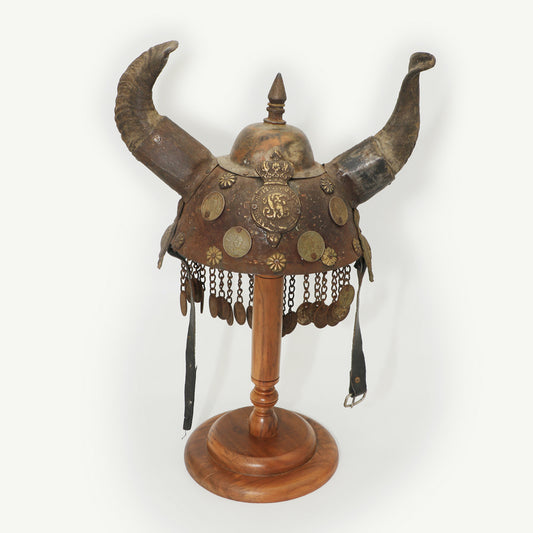 Vintage Copper & Horn Decorative Tribal Helmet with Stand | With Coin and Chain Adornments