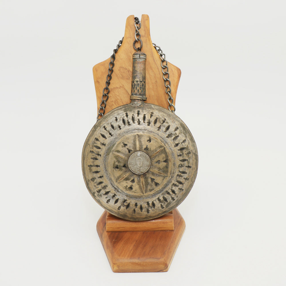 Vintage Copper Powder Flask with Coin Inlay | Hand-Etched Tribal Sunburst Design & Chain Stopper