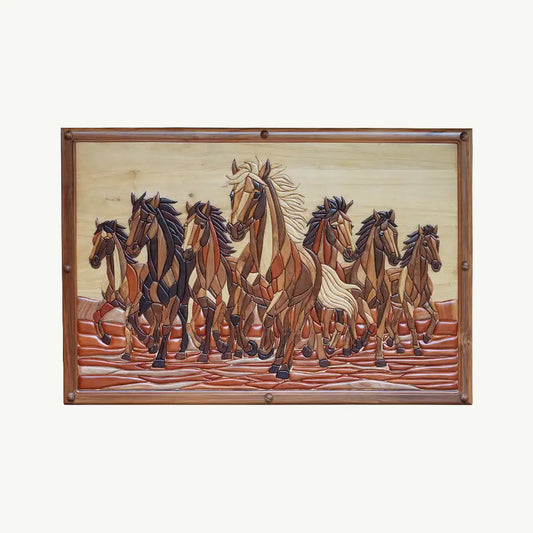 Hand-Inlaid Seven Horses Wood Plaque
