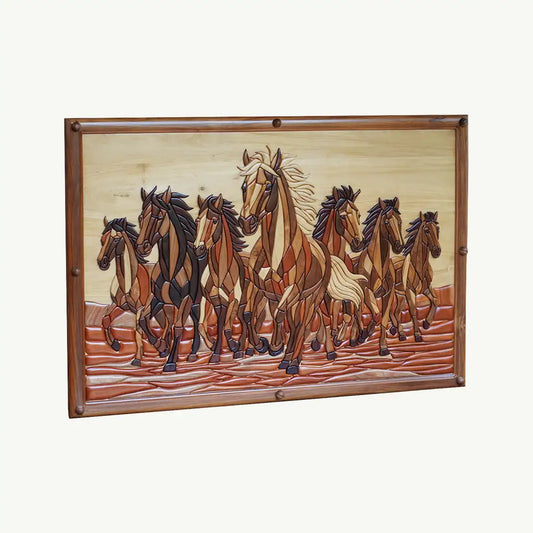 Hand-Inlaid Seven Horses Wood Plaque (MTO)