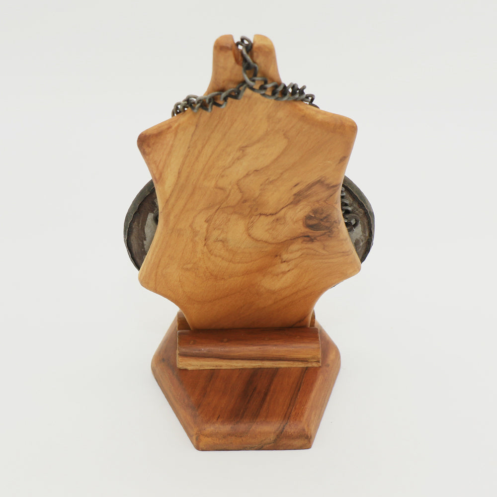 Vintage Copper Powder Flask with Coin Inlay | Hand-Etched Tribal Sunburst Design & Chain Stopper