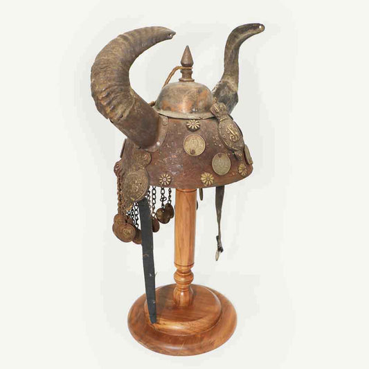 Vintage Copper & Horn Decorative Tribal Helmet with Stand | Handcrafted with Coin and Chain Adornments