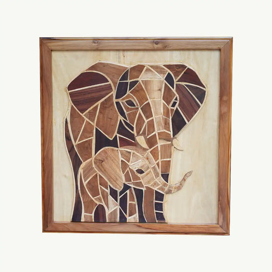 Artisan Hand-Inlaid Elephant Wood Plaque