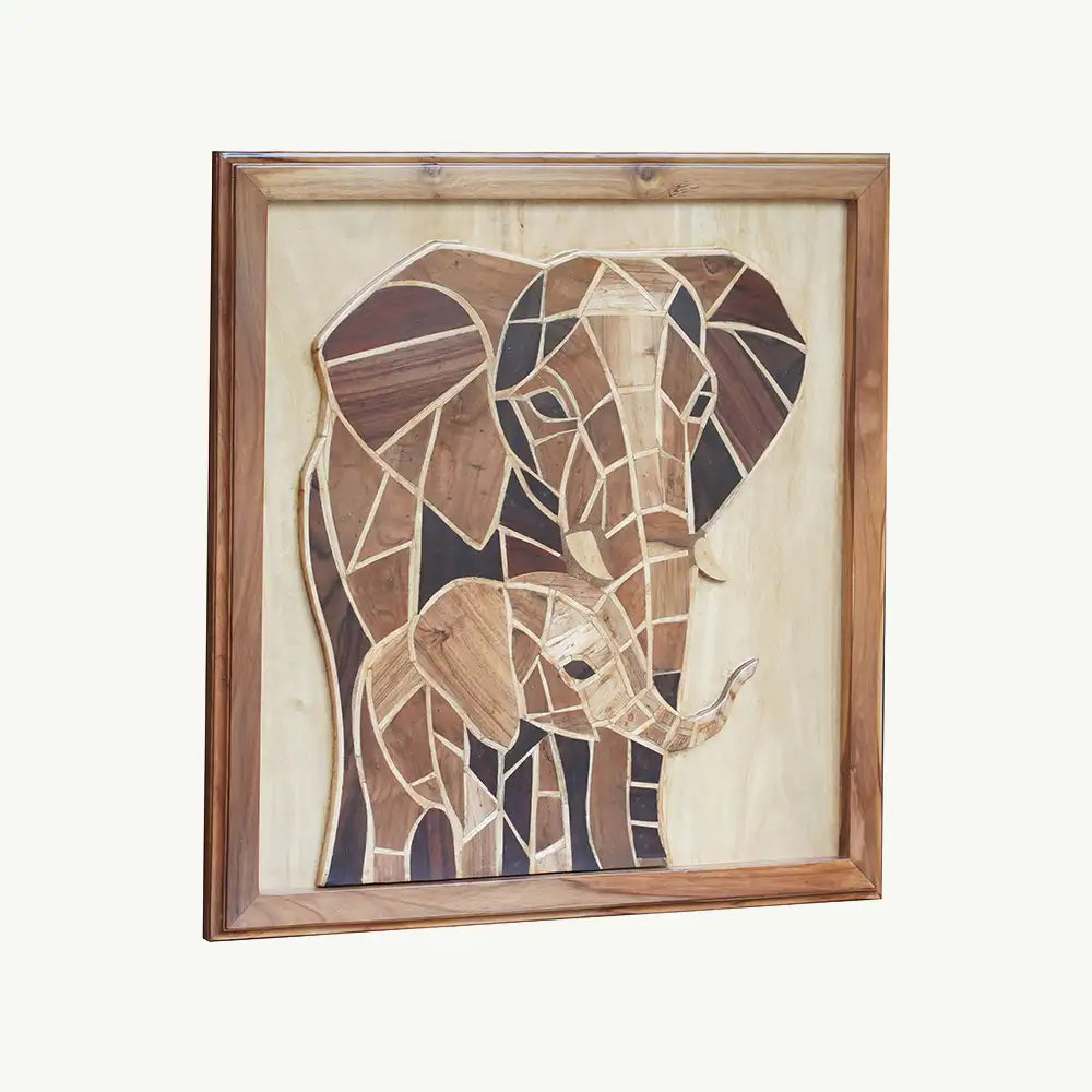 Artisan Hand-Inlaid Elephant Wood Plaque