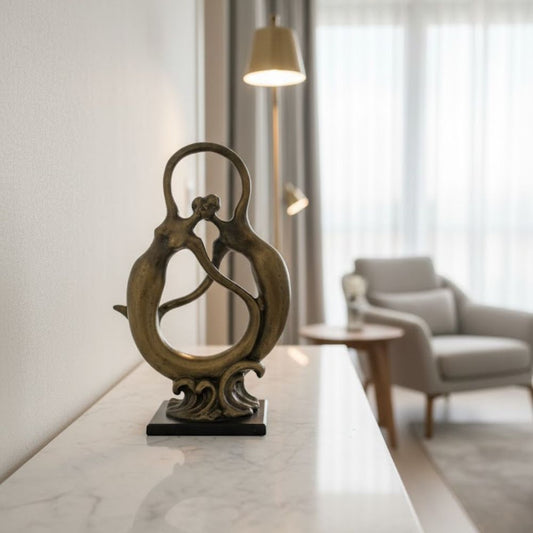 "Gold Abstract Figurine of Two Dancers with Black Base