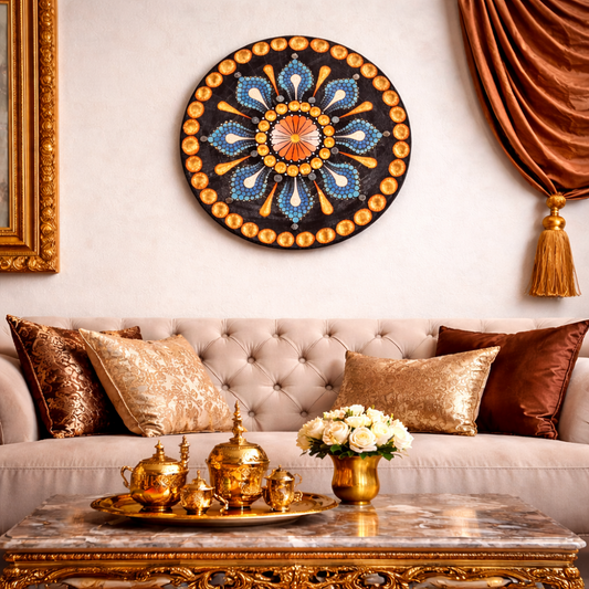 The Sapphire Sunburst: Handcrafted Cerulean Dot-Painted Mandala Plaque