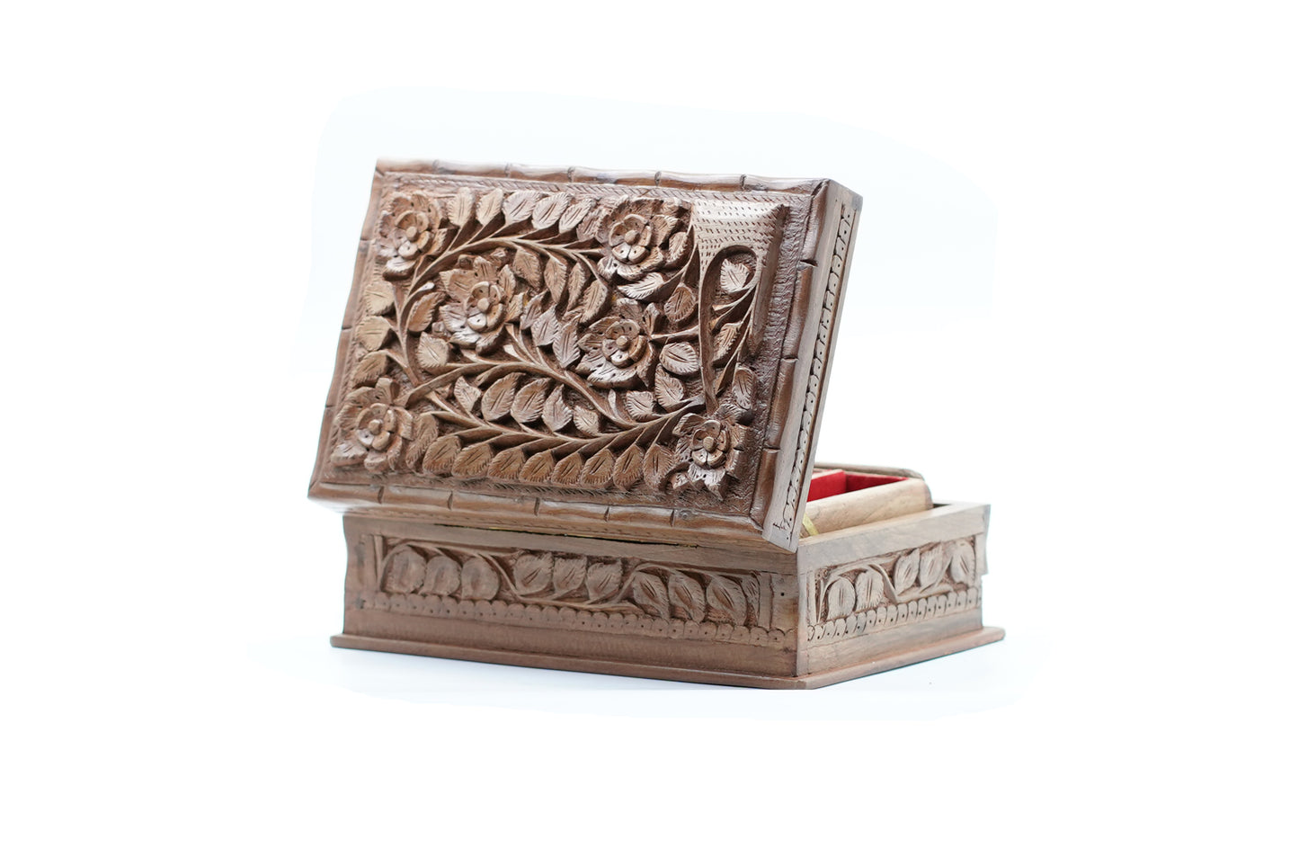 Hand-carved walnut wooden jewelry box