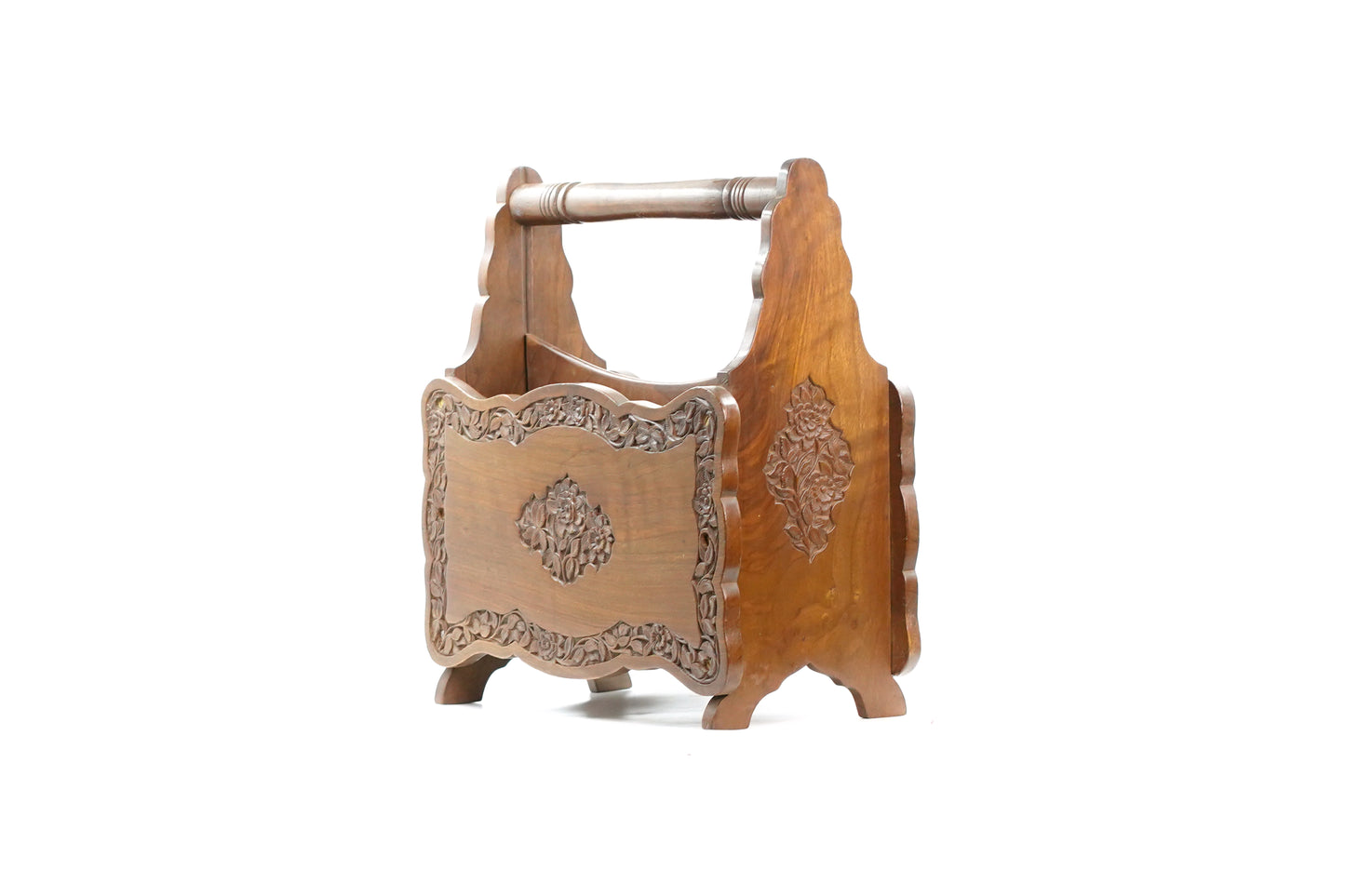 Exquisite hand-carved walnut magazine holder