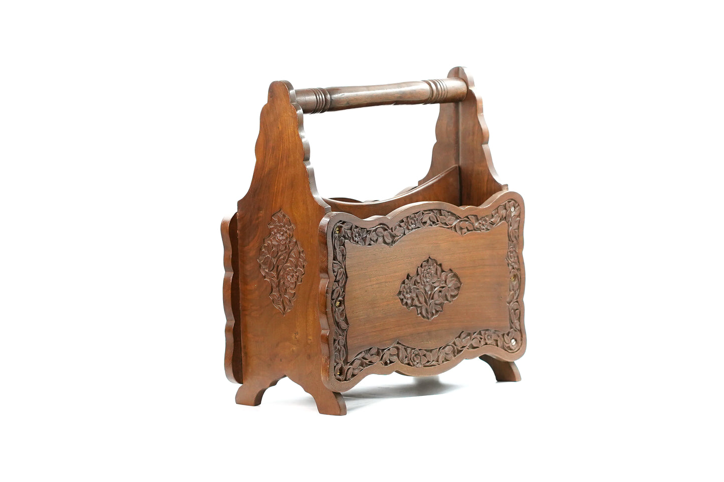 Exquisite hand-carved walnut magazine holder
