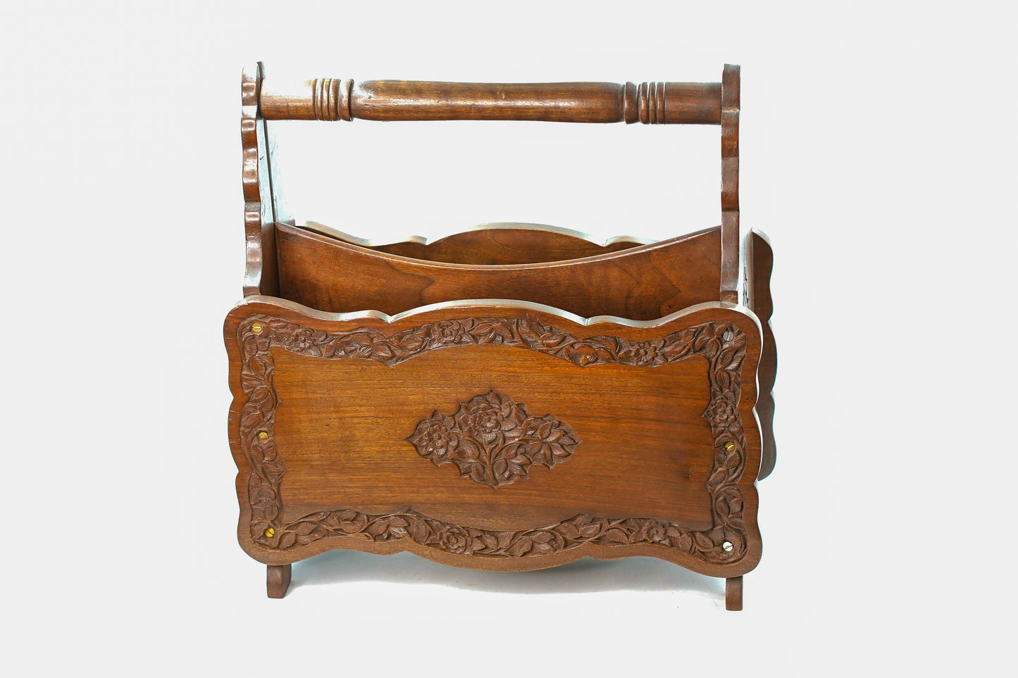 Exquisite hand-carved walnut magazine holder