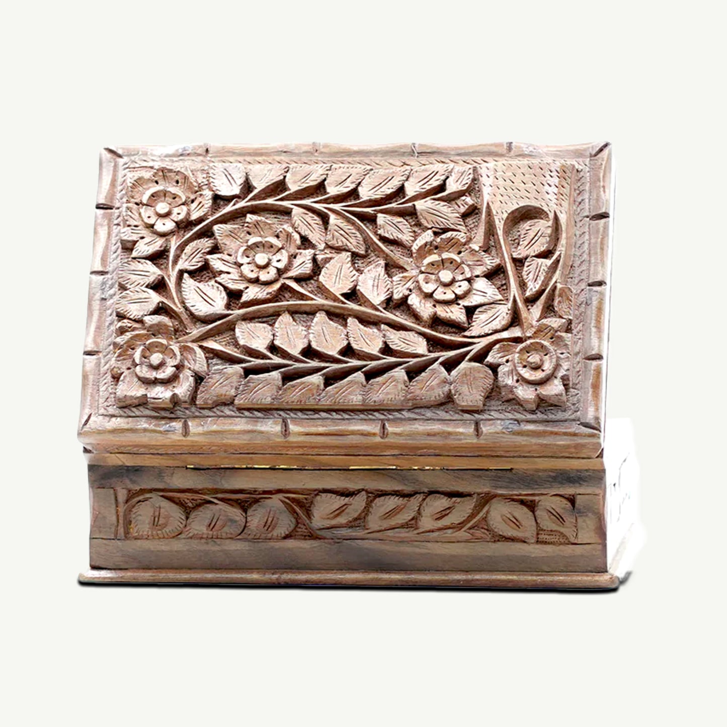 Hand-carved walnut wooden jewelry box