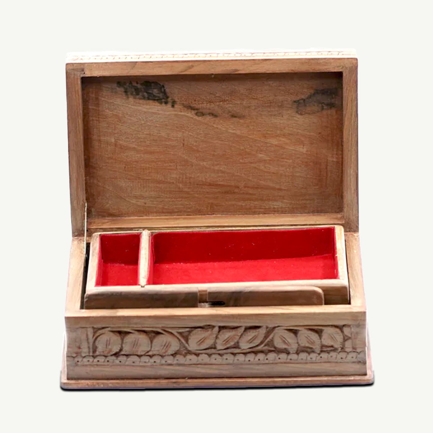 Hand-carved walnut wooden jewelry box
