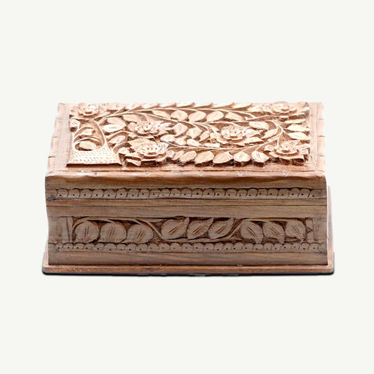 Hand-carved walnut wooden jewelry box