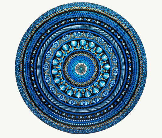 the Celestial Horizon: Handcrafted Blue Dot-Painted Mandala Plaque