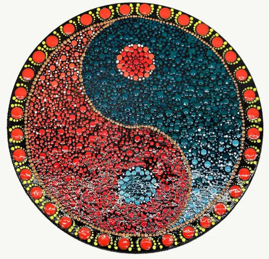 The Yin-Yang Equilibrium: Handcrafted Crimson and Azure Dot-Painted Mandala Plaque