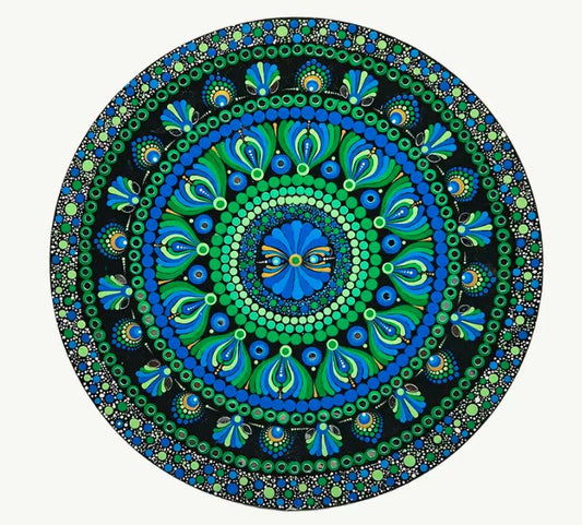 The Peacock Bloom: Handcrafted Emerald and Teal Dot-Painted Mandala Plaque