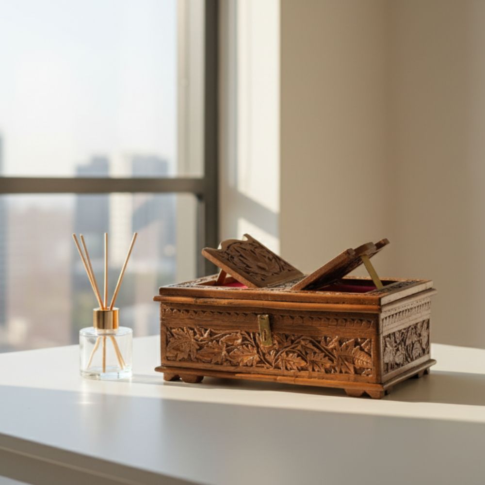 Hand-Carved Walnut Wood Holy Book Stand cum Storage Box