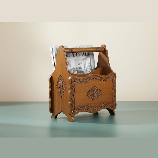 Exquisite hand-carved walnut magazine holder