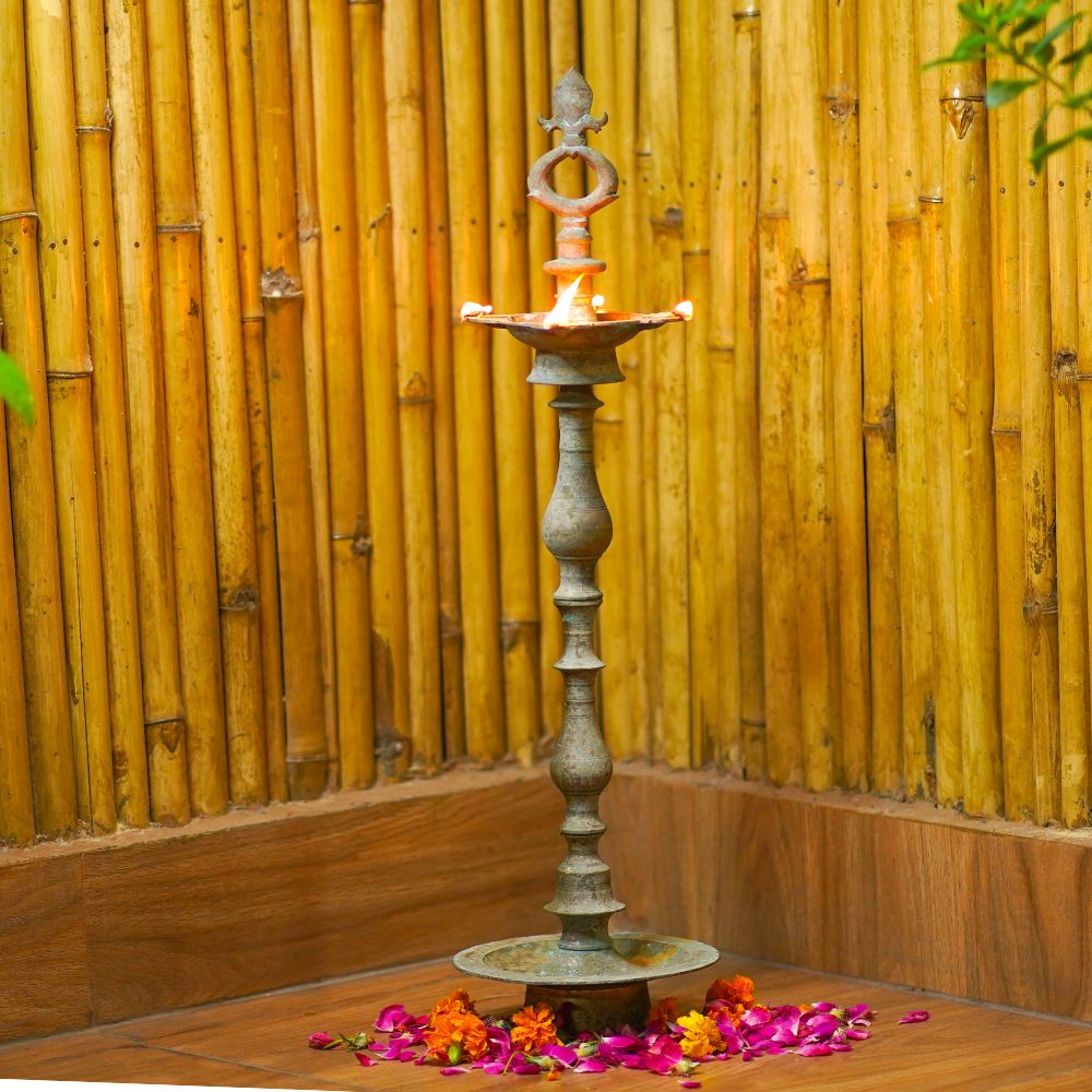 Ornate Traditional Metal Oil Lamp Stand with Patina