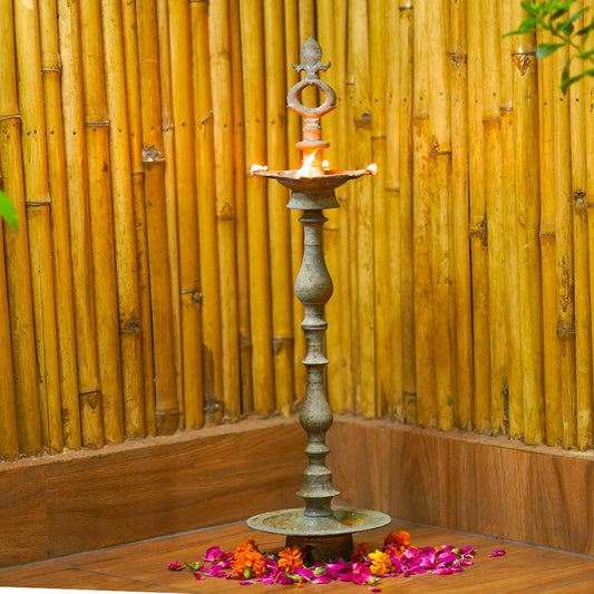 Ornate Traditional Metal Oil Lamp Stand with Patina