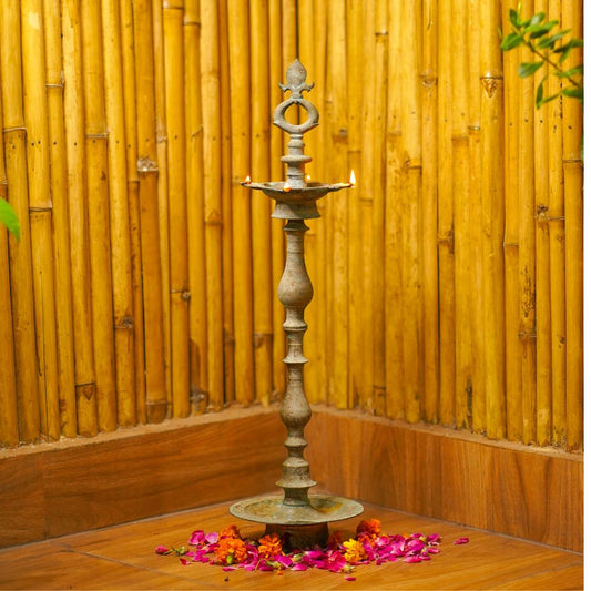 Traditional Metal Oil Lamp Stand with Natural Patina