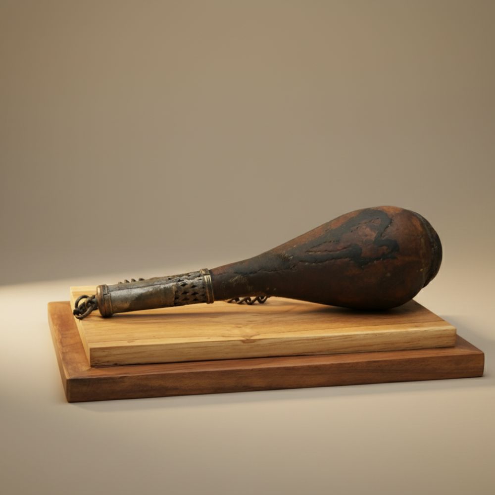 Vintage Middle Eastern Leather Powder Flask with Wooden Base | Handcrafted with Metal Accents & Camel Scrotum