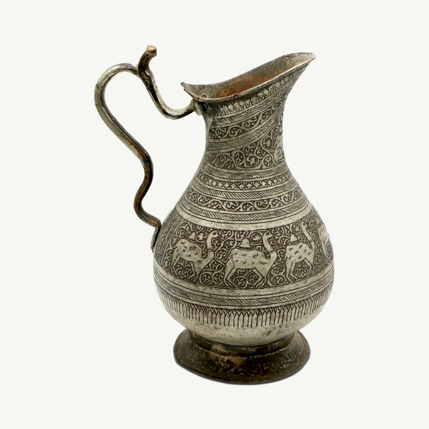 Vintage Hand-Etched Copper Pitcher | Middle Eastern Camel Motif & Ornate Geometric Patterns