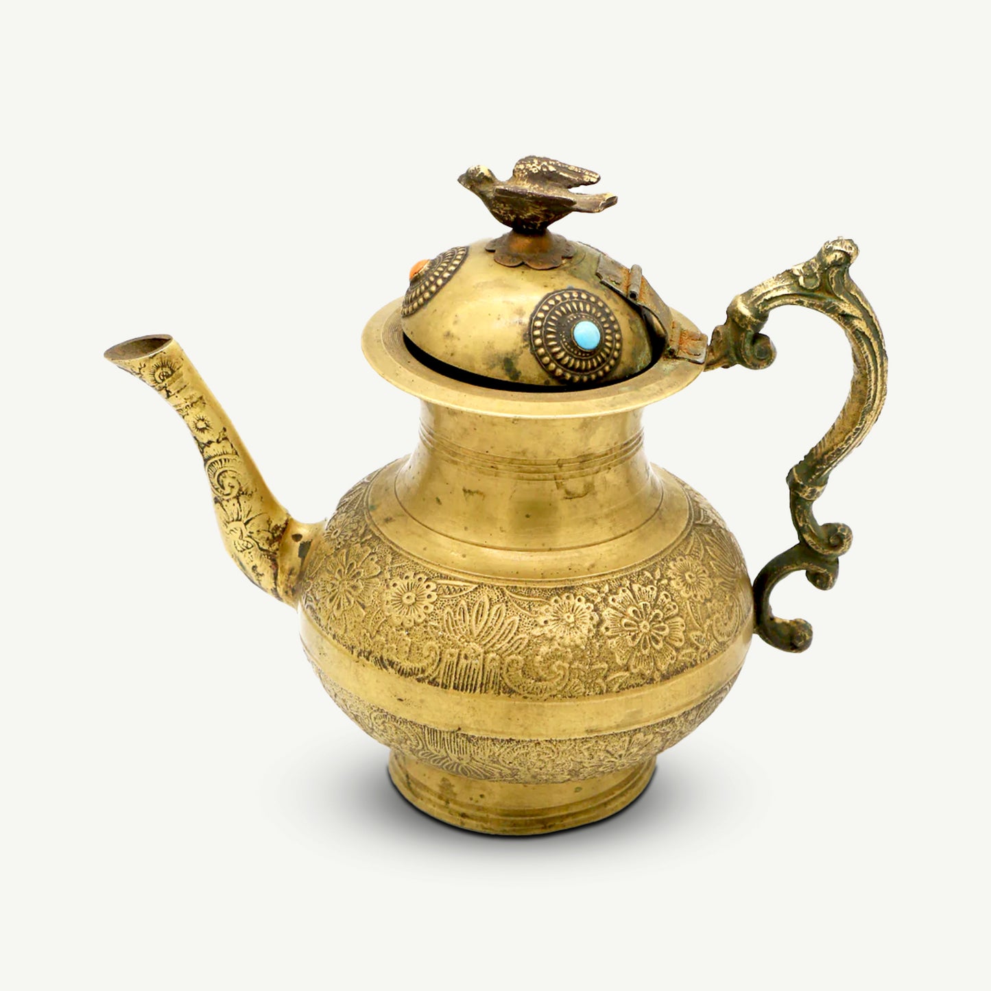 Vintage Handcrafted Copper Middle Eastern Teapot | Engraved Floral Design with Bird Finial & Turquoise Inlay