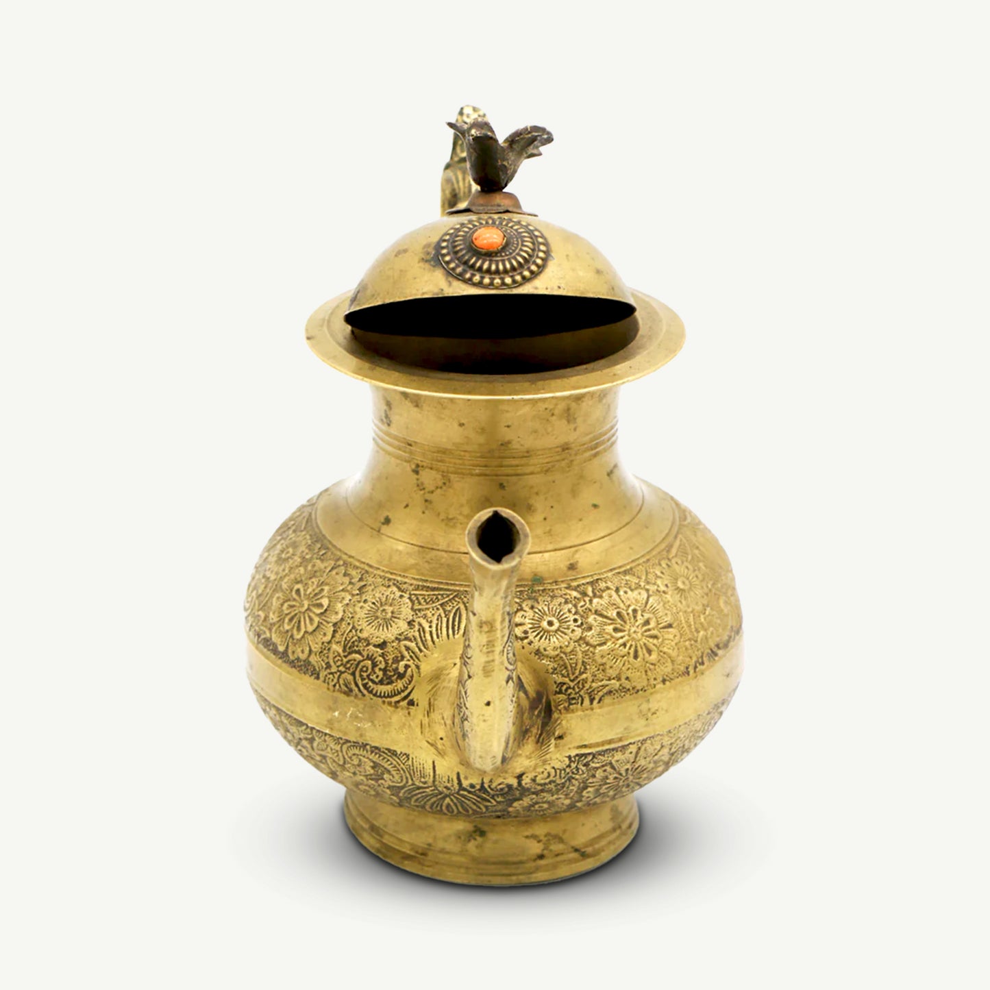 Vintage Handcrafted Copper Middle Eastern Teapot | Engraved Floral Design with Bird Finial & Turquoise Inlay