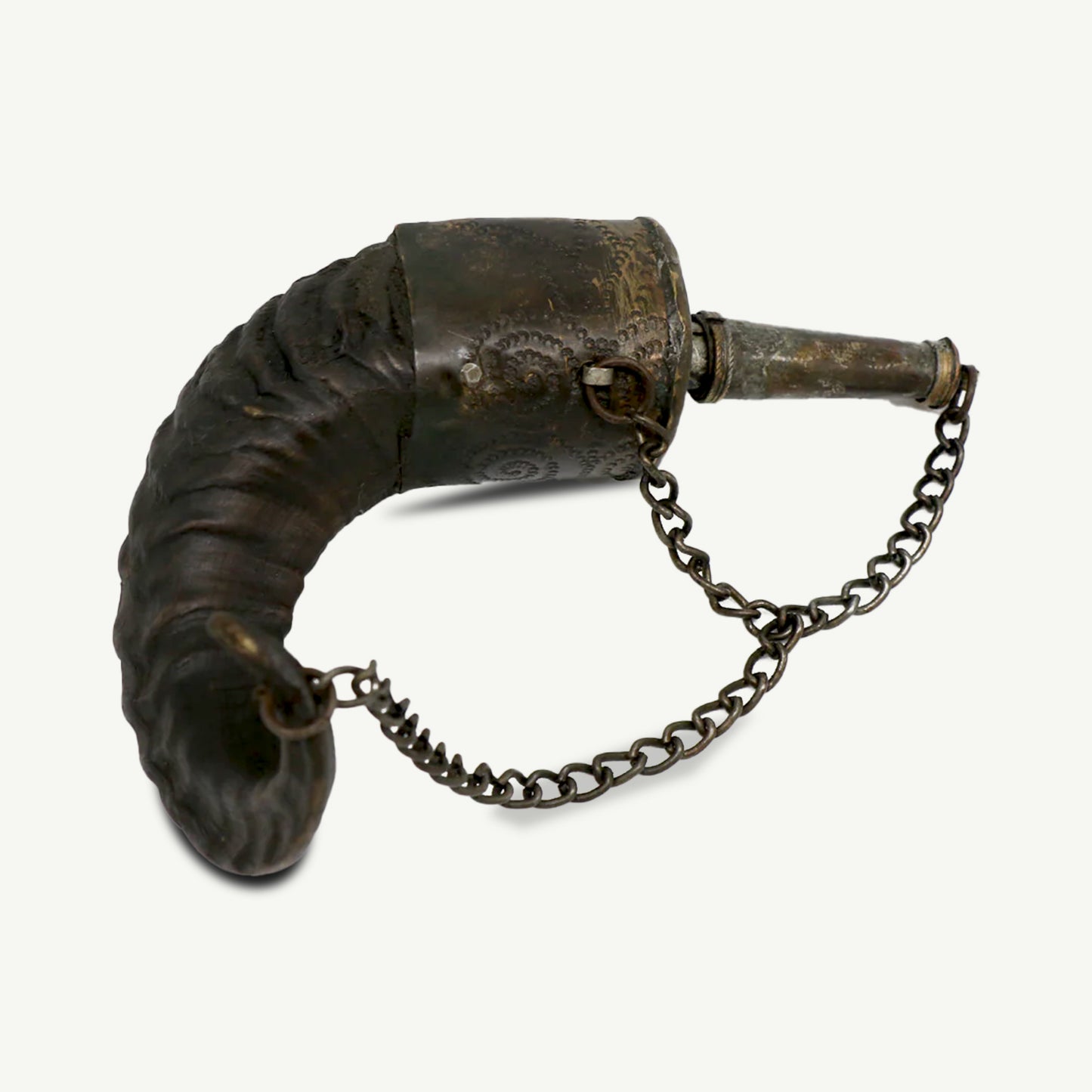 Vintage Handcrafted Horn Powder Flask | Tribal Middle Eastern Gunpowder Container with Metal Detailing