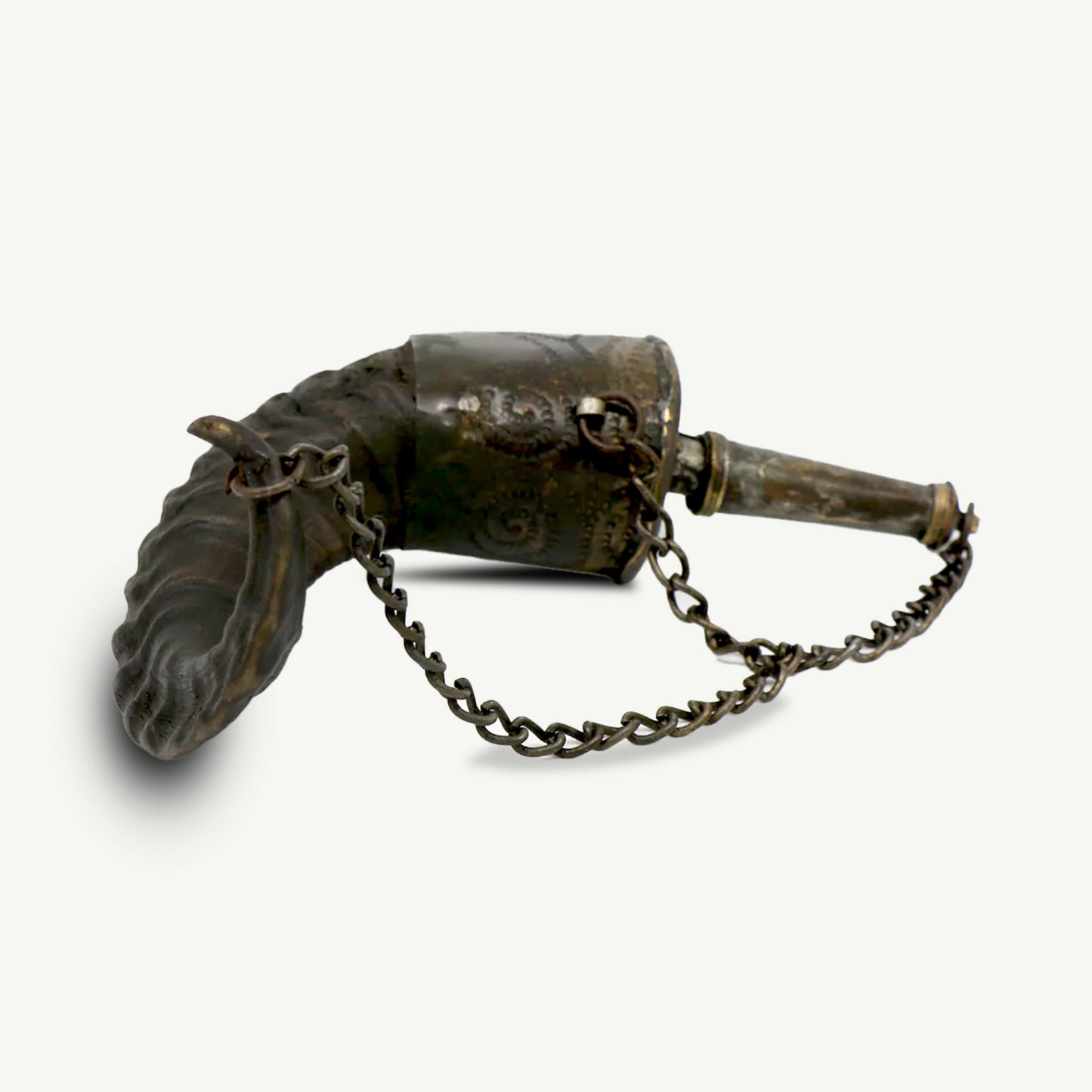 Vintage Handcrafted Horn Powder Flask | Tribal Middle Eastern Gunpowder Container with Metal Detailing