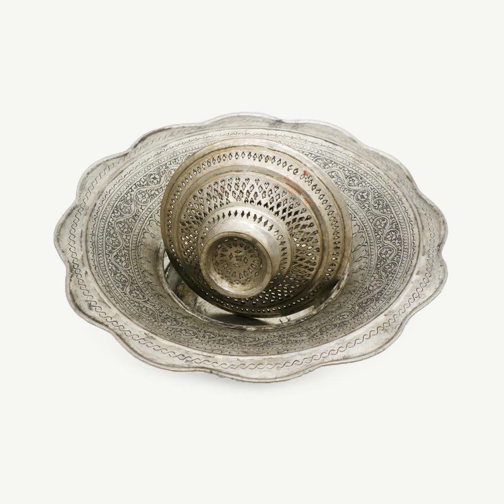 Vintage Middle Eastern Copper Basin with Pierced Pedestal | Hand-Engraved Islamic Arabesque Motifs