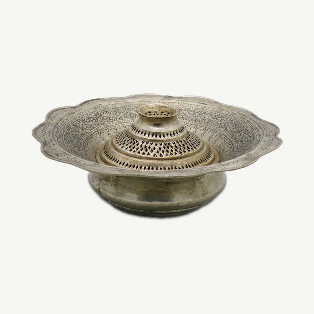Vintage Middle Eastern Copper Basin with Pierced Pedestal | Hand-Engraved Islamic Arabesque Motifs