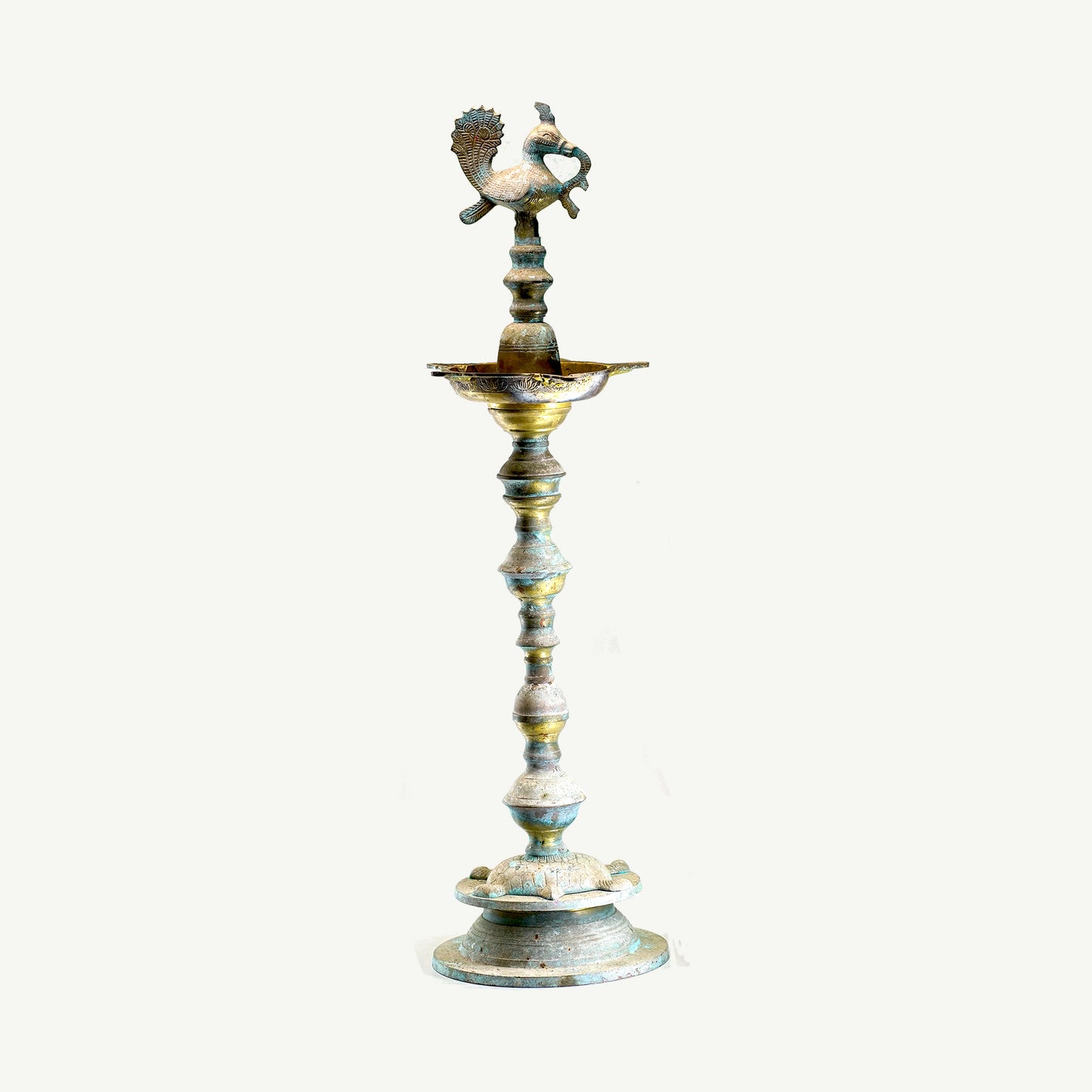 Tall Metal Oil Lamp Stand with Peacock Finial