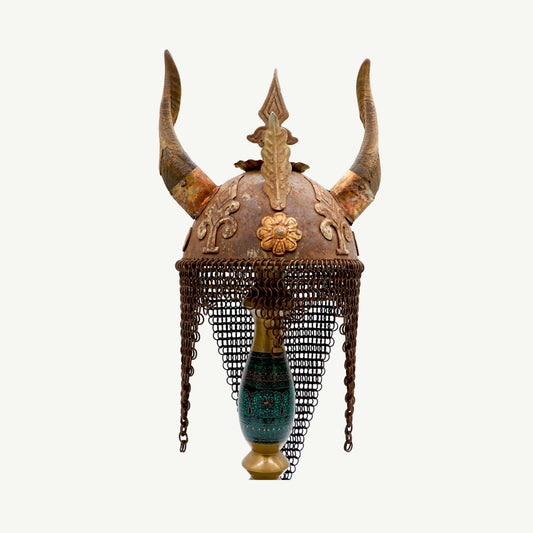 Vintage Style Decorative Horned Warrior Helmet with Chainmail Veil