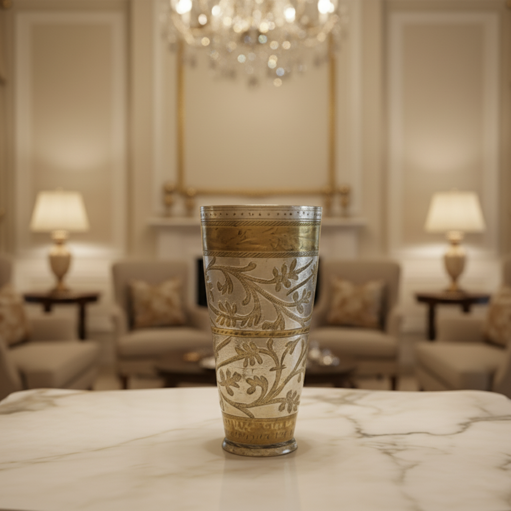 Vintage Hand-Etched Copper Glass | Middle Eastern Floral Engraved Cup | Collectible Metalware Vessel