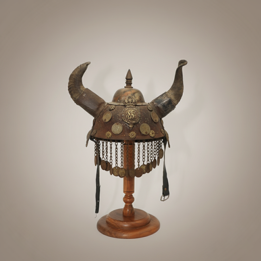 Vintage Style Decorative Horned Warrior Helmet with Chainmail Veil