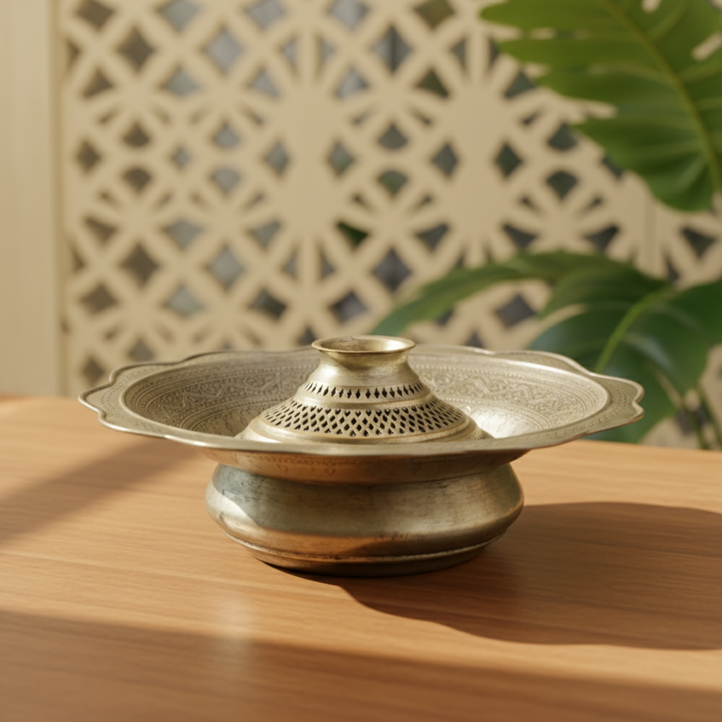 Vintage Middle Eastern Copper Basin with Pierced Pedestal | Hand-Engraved Islamic Arabesque Motifs