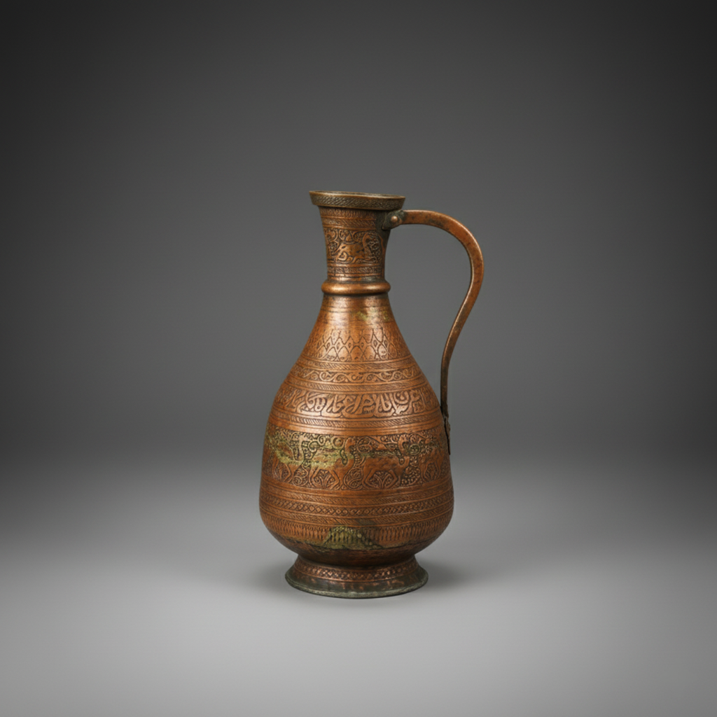 Vintage Hand-Engraved Copper Ewer | Middle Eastern Islamic Calligraphy & Animal Motif Pitcher