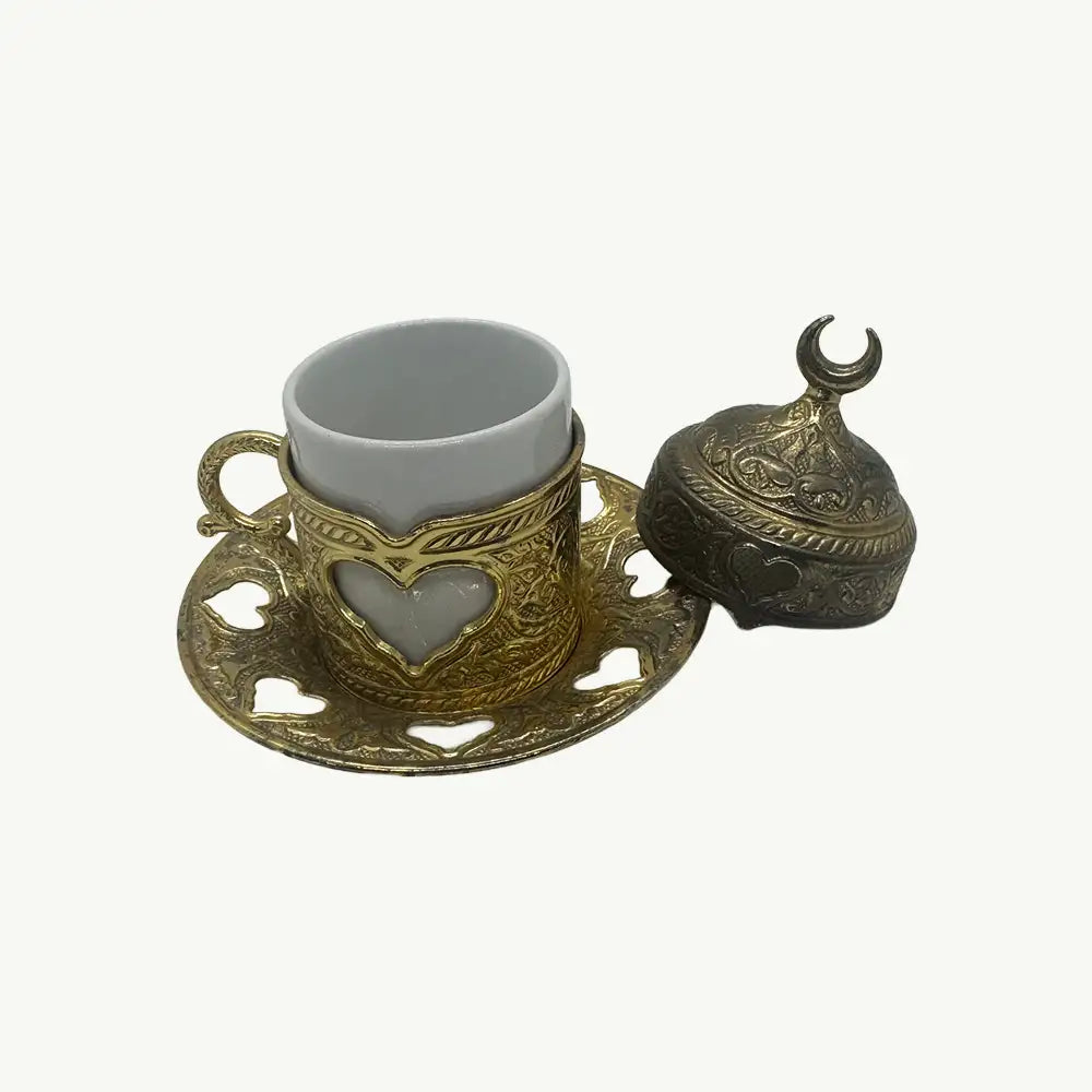 "SMALL CEREMIC CUP WITH GOLDEN PLATE AND COVER Regal Crescent” Ceramic Cup with Brass Cover Set"