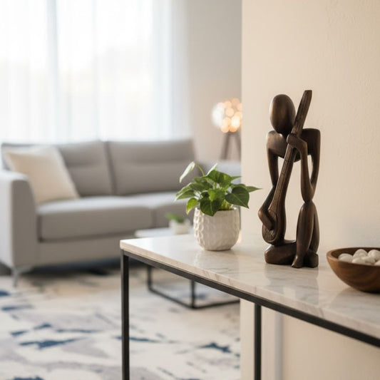 African Wooden Statue With Guitar Rhythm of Africa” Hand-Carved Wooden Musician Statue