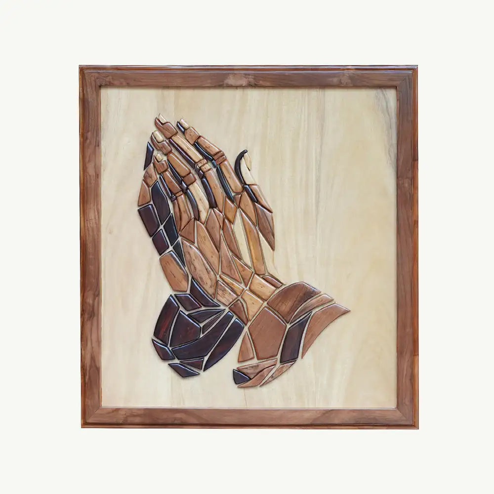 Hand-Inlaid Praying Hands of Jesus Wood Plaque